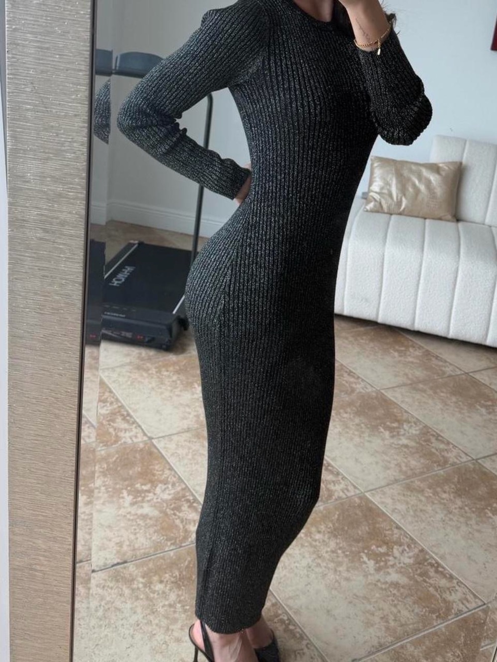 Backless Metallic Black Ribbed Knit Midi Dress - Picture 2 of 4